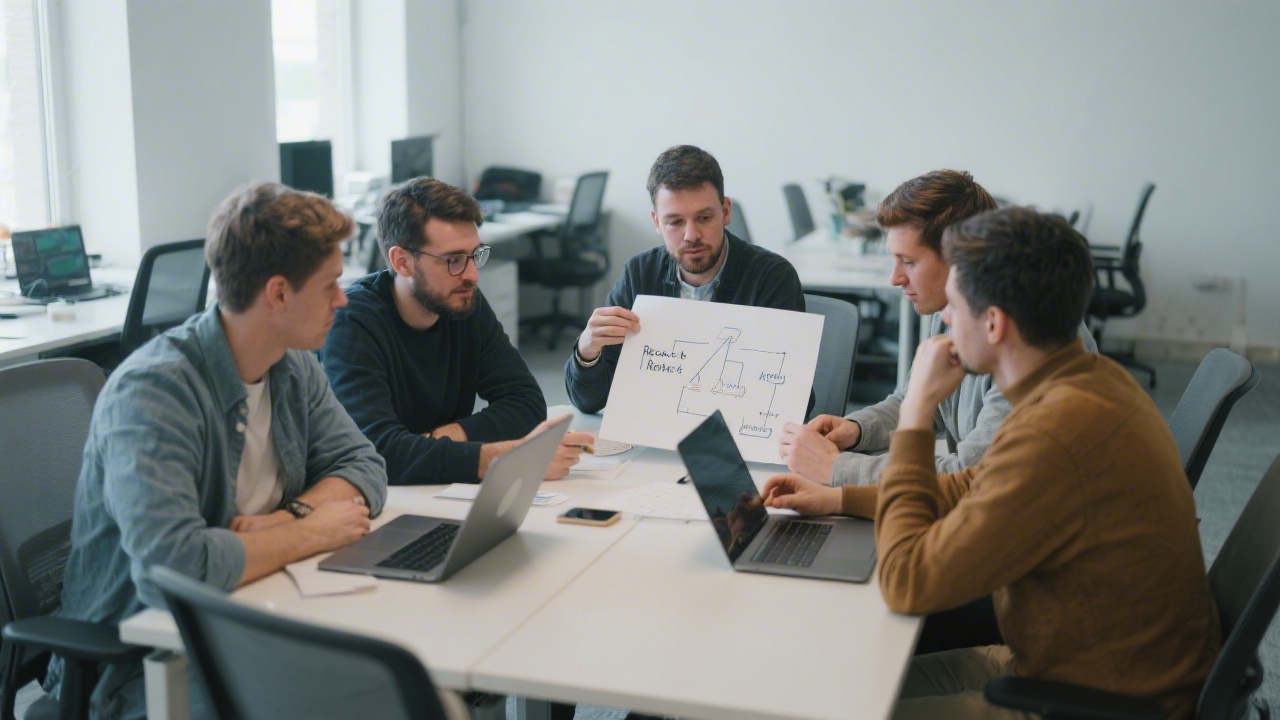 Small group of developers collaborating around a table with laptops, discussing a React architecture diagram on paper, modern coworking space with soft light and minimal decor