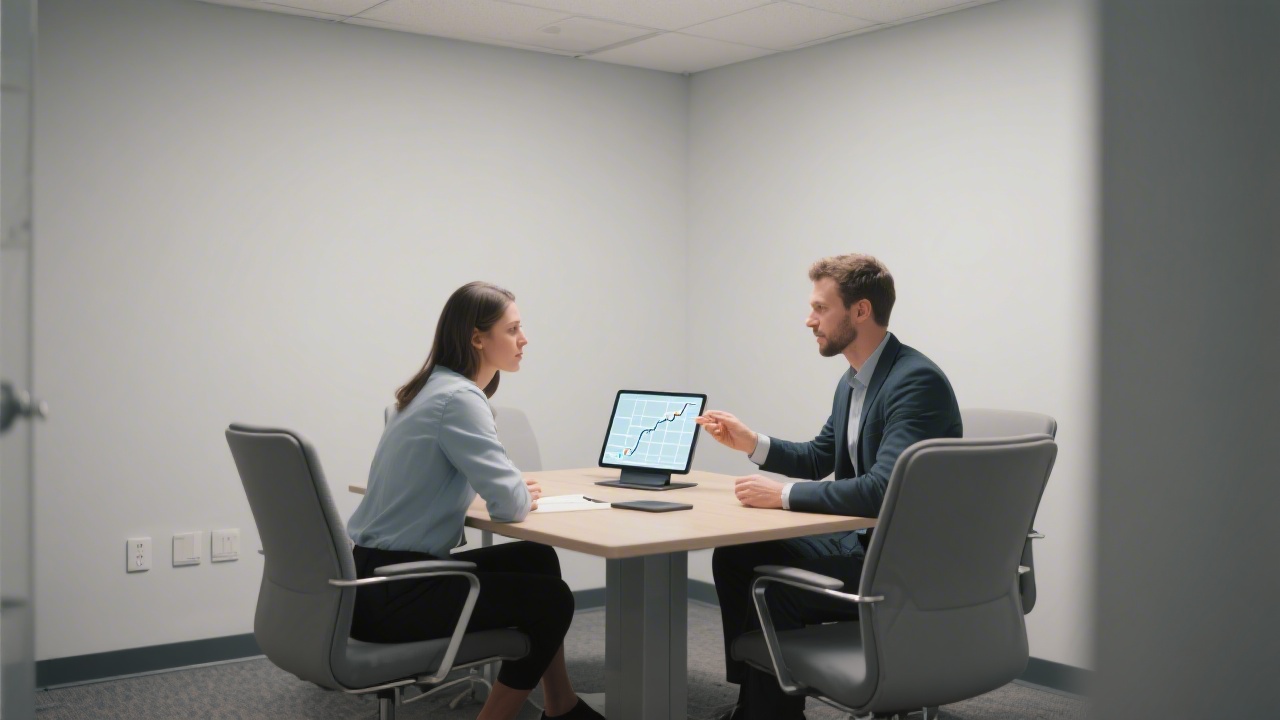 Developer showing a project roadmap on a tablet during a consultation, small meeting room with two chairs and a neutral, professional interior