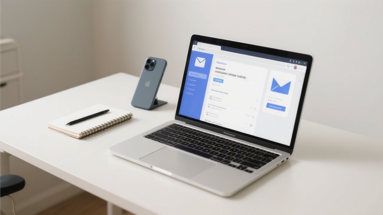 Phone, notebook and laptop on a clean desk, open email client on screen, soft light and minimal setup symbolizing professional contact support