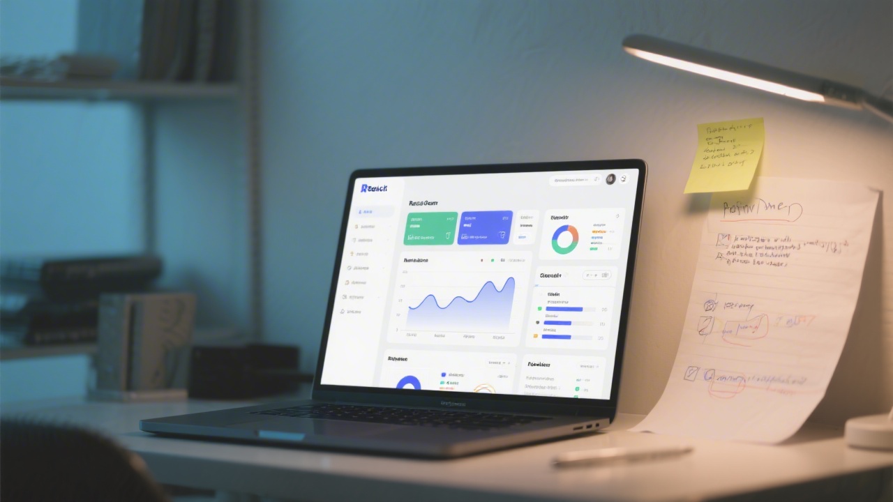 Laptop screen showing a clean React dashboard interface with charts, cards and navigation, developer notes on paper, subtle lighting and modern workspace setting